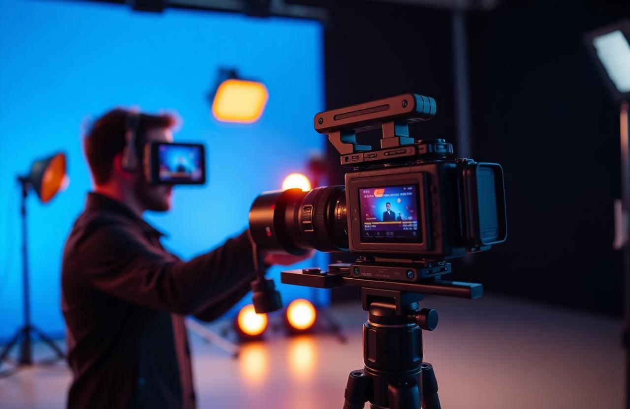 Produção audiovisual profissional com câmera e iluminação